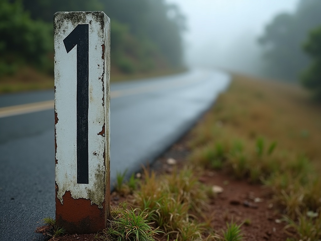 Weathered blank concrete kilometre marker post beside a misty highland road in Flores