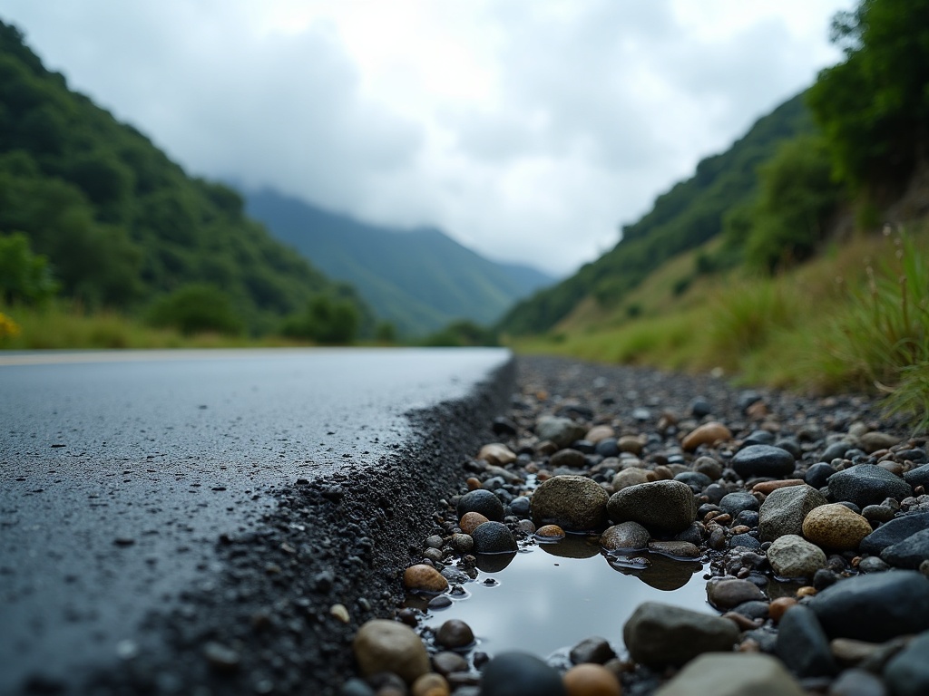 Point where sealed asphalt ends and broken gravel road begins on an inland Flores highland route