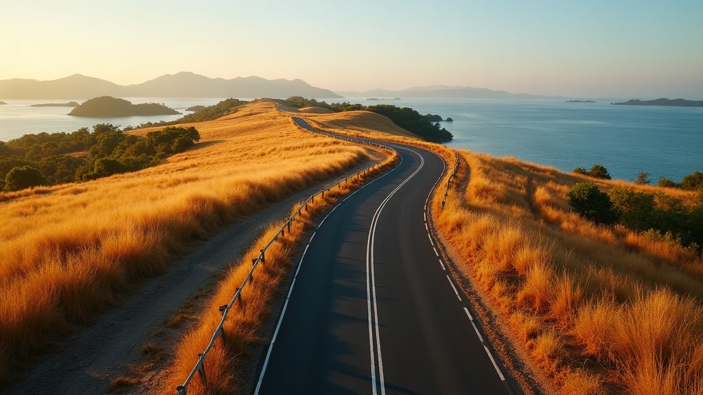 Sealed two-lane road curving through dry savanna hills inland from Labuan Bajo at sunrise